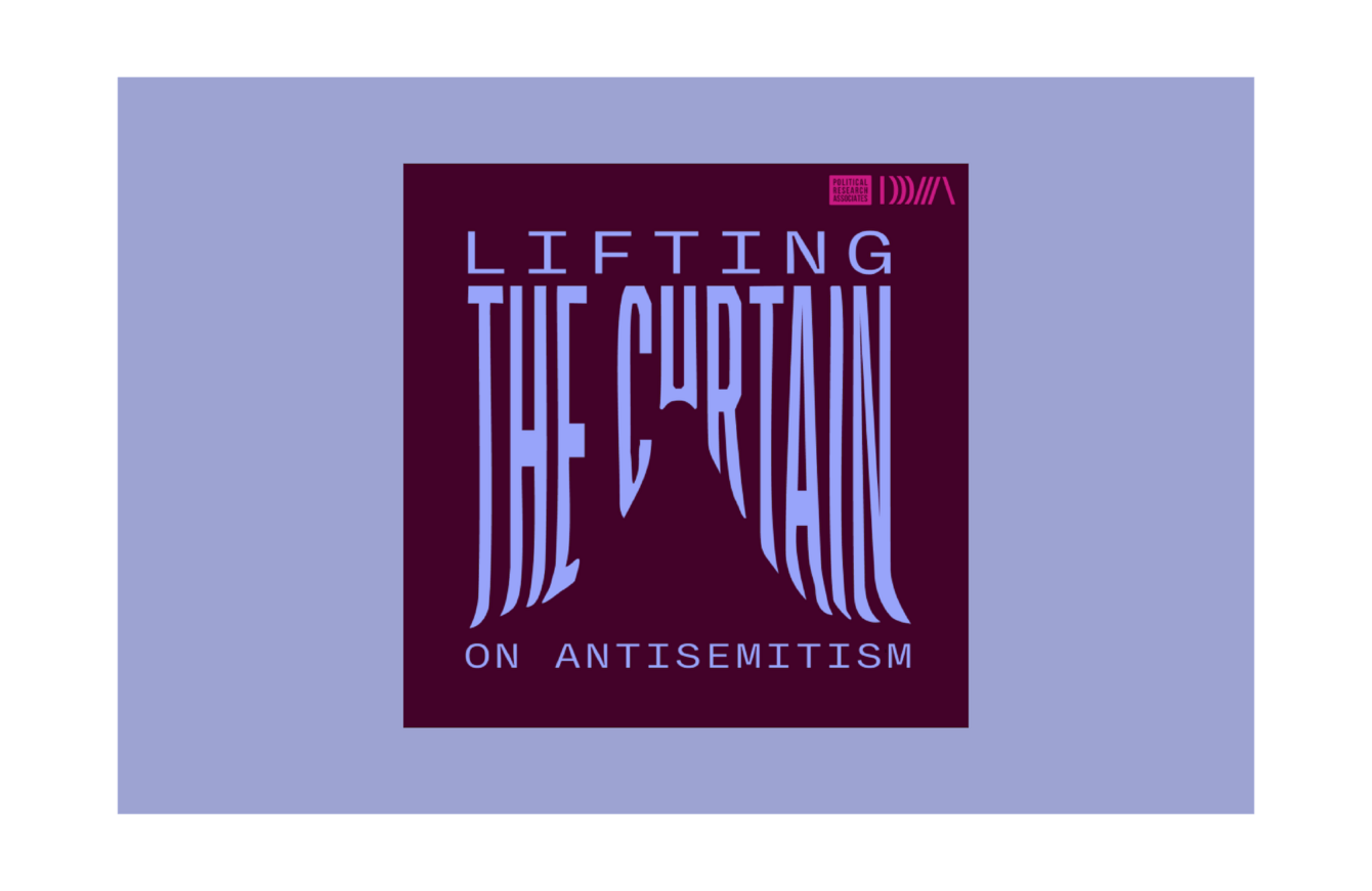 Lifting the Curtain on Antisemitism text on maroon and light purple
