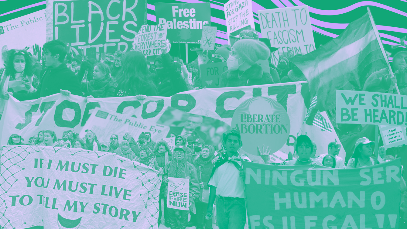 Light purple and green collage of justice protests