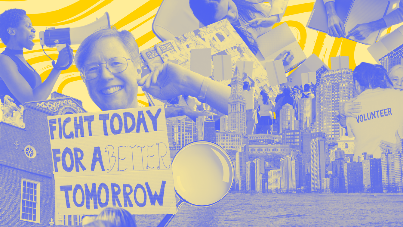 Yellow and bright blue collage featuring PRA founder Jean Hardisty