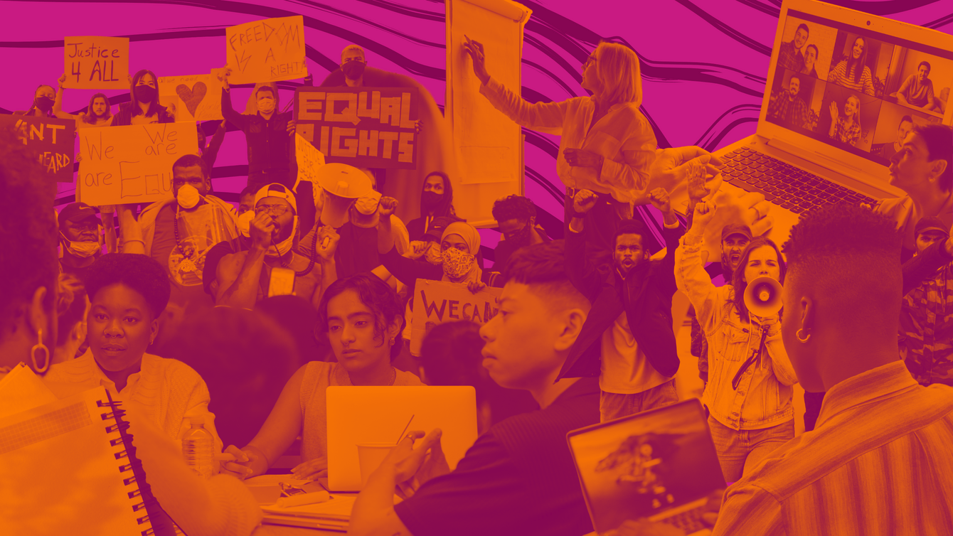 Pink and orange collage depicting people holding signs at protests and coworking together