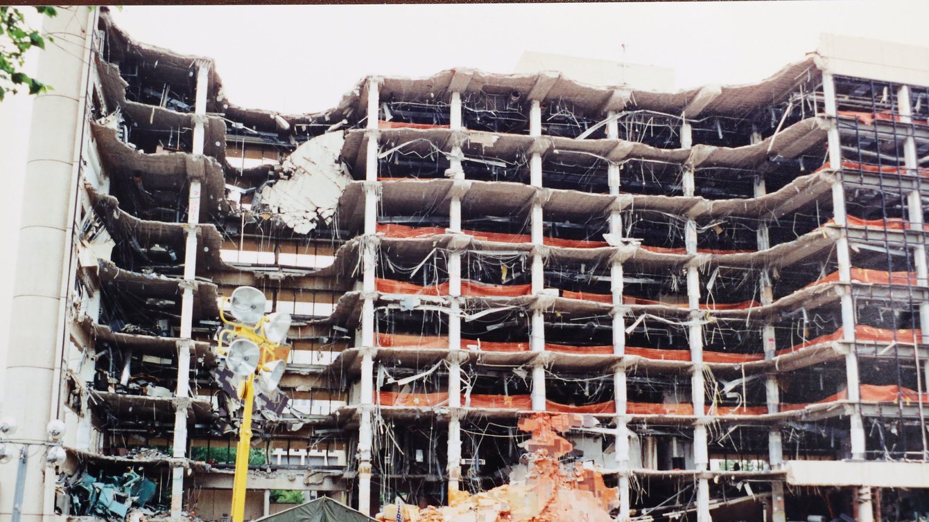 Alfred P. Murrah Federal Building after bombing, 1995.