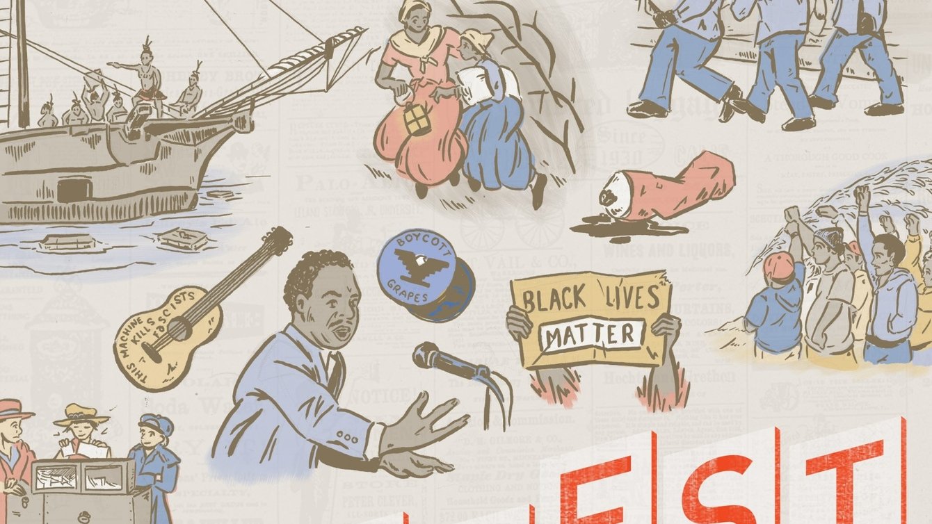 Cover art for PE Winter 2018, showing the words "Protest makes America great," and several important moments of protest of American history.