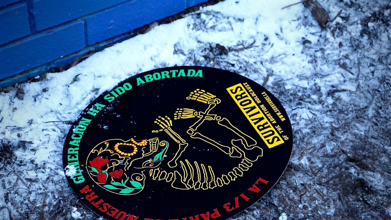 Sign left behind from an anti-abortion rally depicts dia de los muertes styled skeleton for abortion "survivors" network
