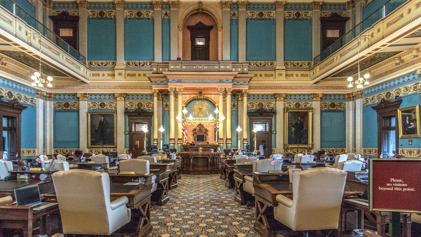 Ornate interior of the Senate Chambers for the state of Michigan lawmakers at the capitol building in downtown Lansing.