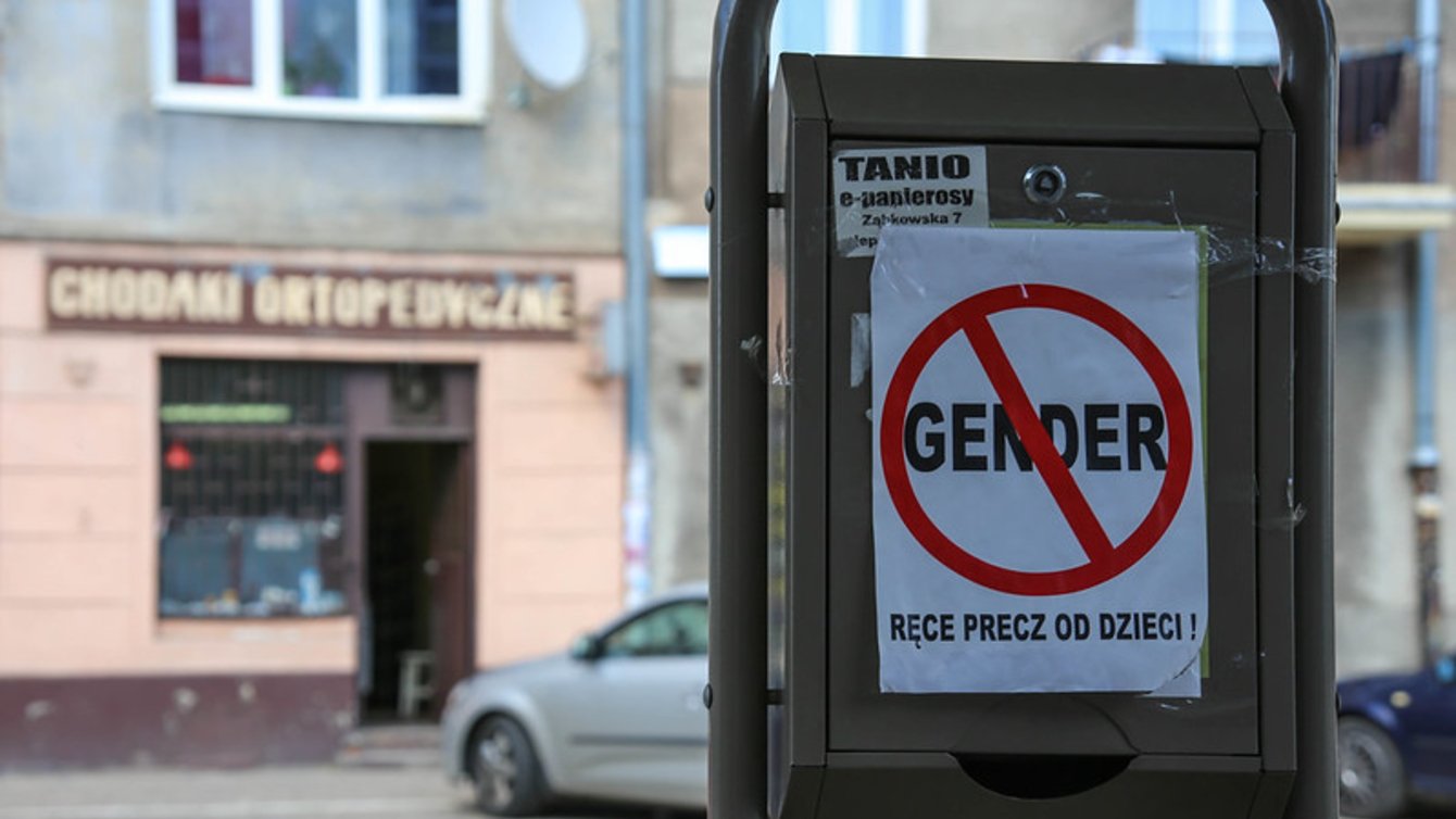"Stop Gender Ideology" sign on bus stop in Polish