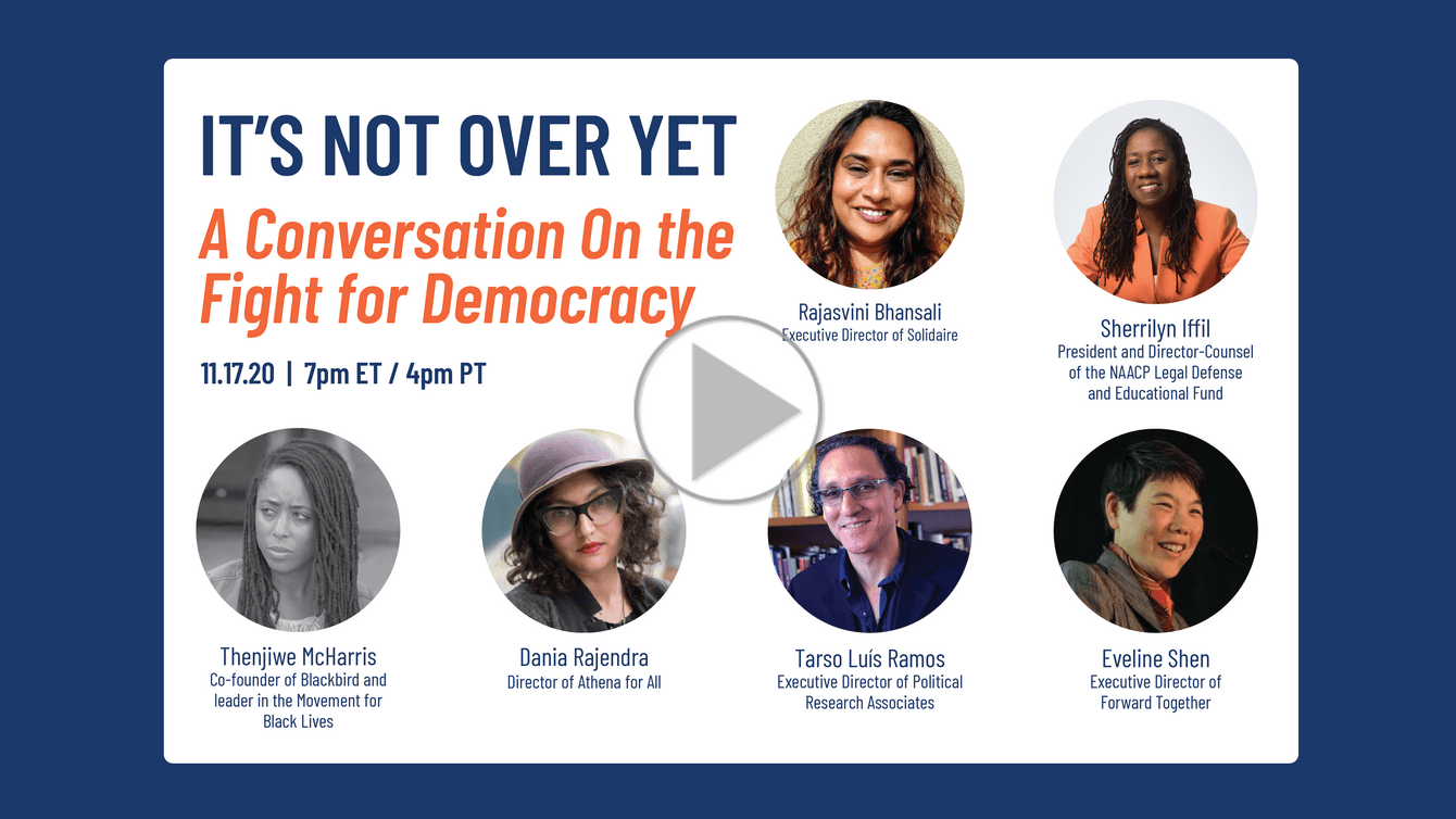 A screen capture of the video webinar with speakers' faces and names