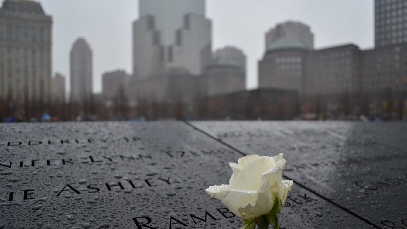 A white rose placed on the 9/11 memorial