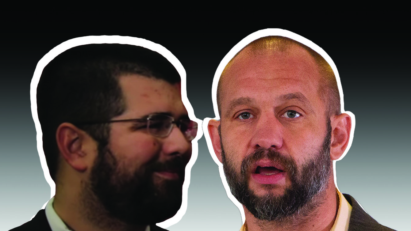 Two white men with white outlines and a gradient behind them.