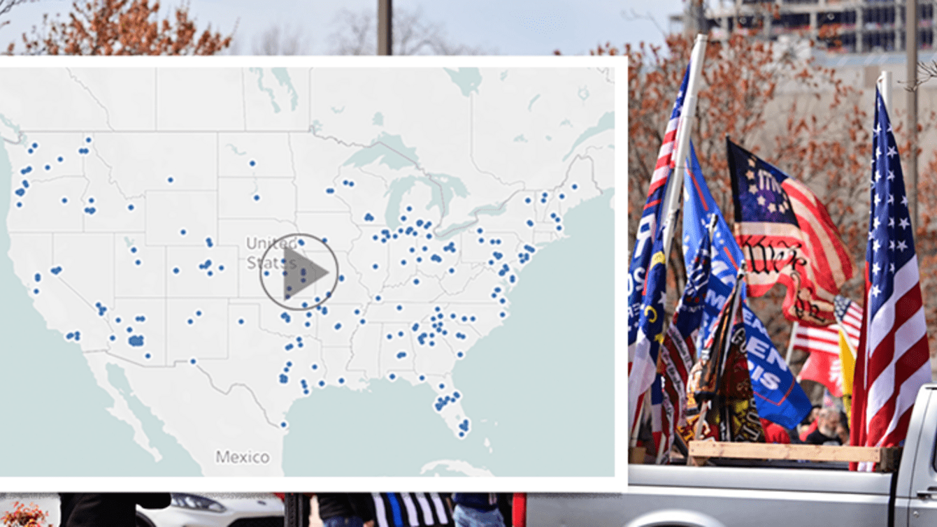 Photo of gray pickup truck with RW flags in bed with a mock up of a map of the US with blue data points layered on top on the left side of the image