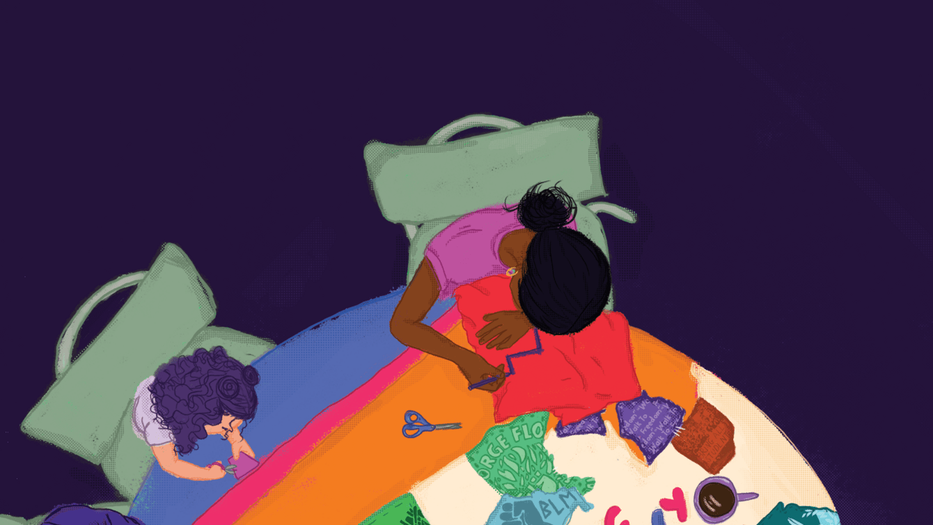 An illustration of people sitting in chairs fixing a quilt that says Democracy is Alive