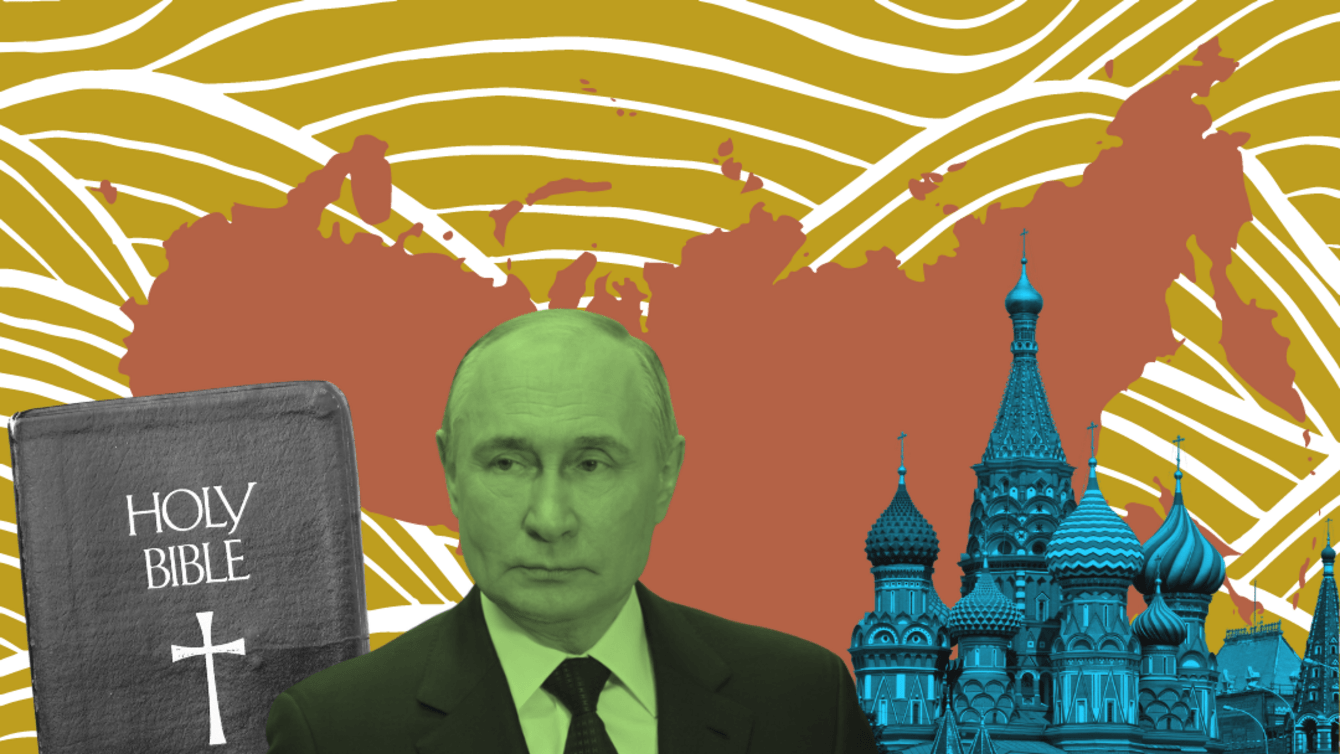 A patterned background with the outline of russia with cut outs of the bible, Putin, and the Kremlin