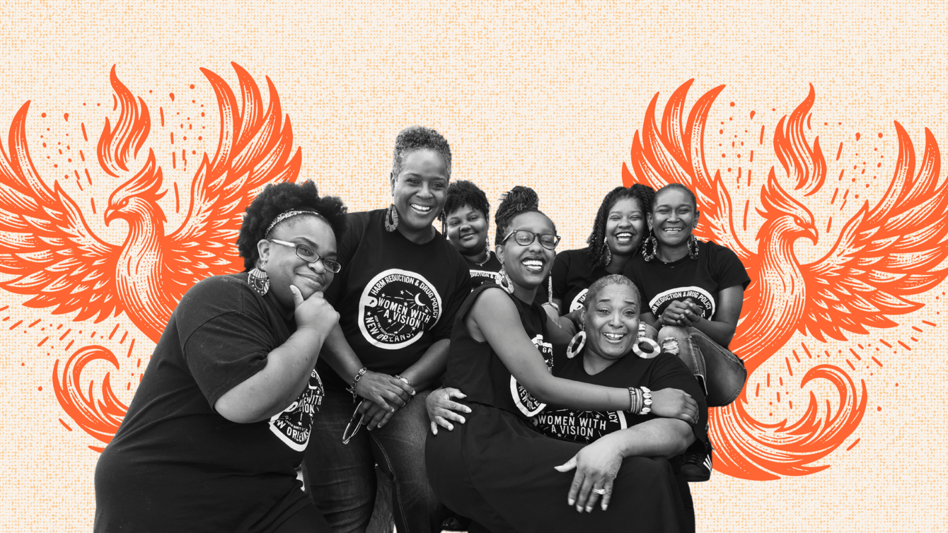 A collage of a group of people hugging each other in front of a background with two phoenixes.