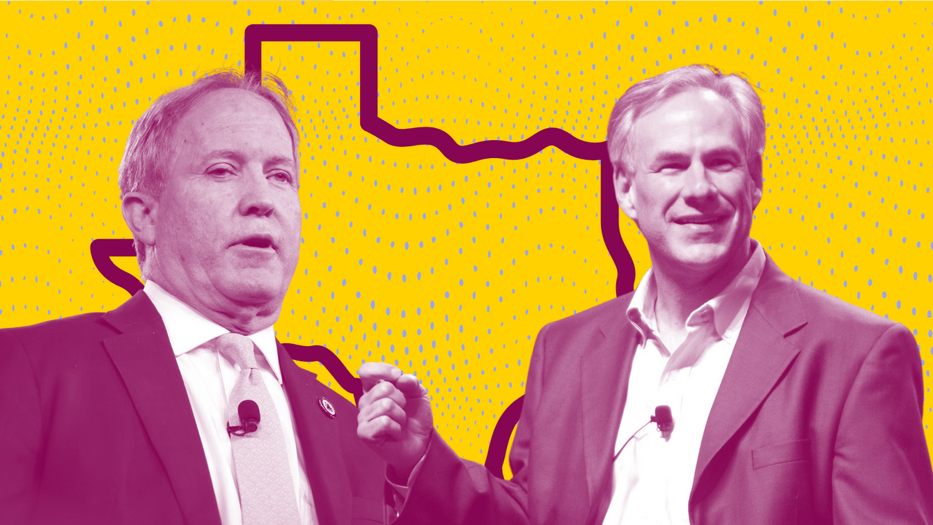 Ken Paxton and Greg Abott on a yellow background with a dotted pattern on it.