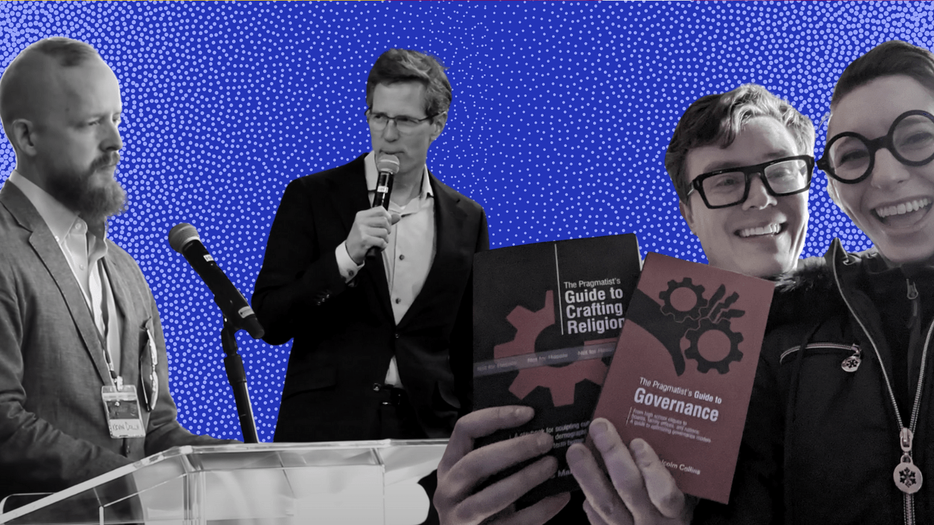 A blue and light purple background with cut outs of four people in the foreground