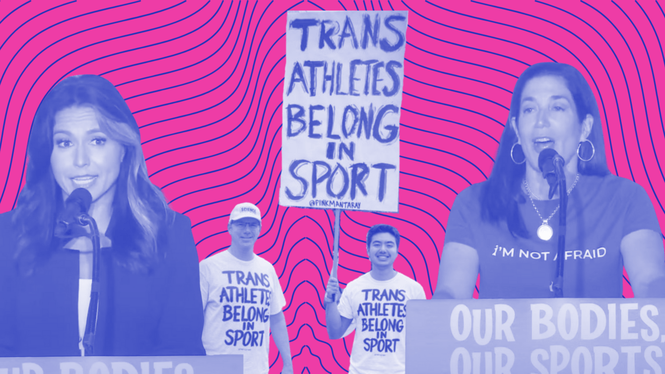 A pink and blue background with cut outs of two women speaking at podiums and two protestors holding a sign that says "trans athletes belong in sport".