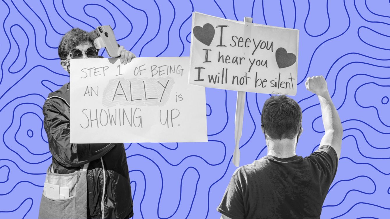 a purple and blue background with two protestors holding signs of solidarity