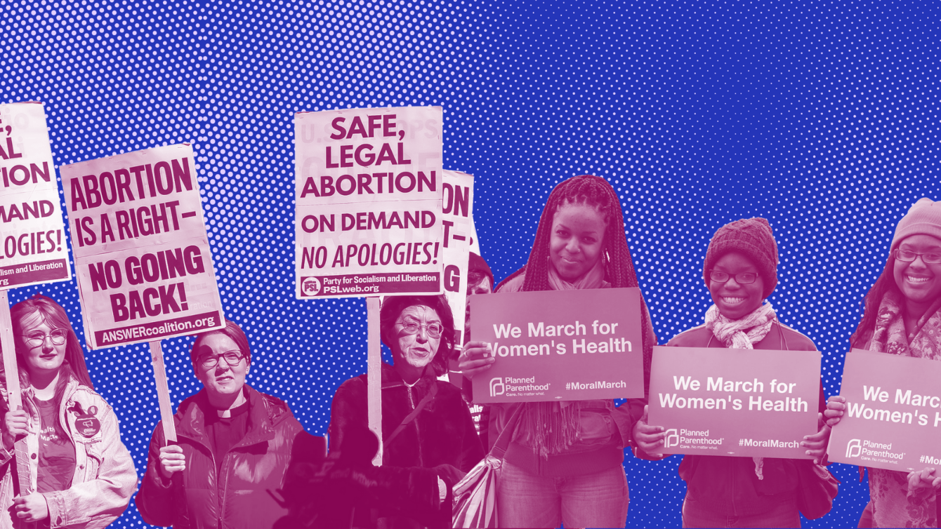 a collage of protestors holding signs in favor of abortion.