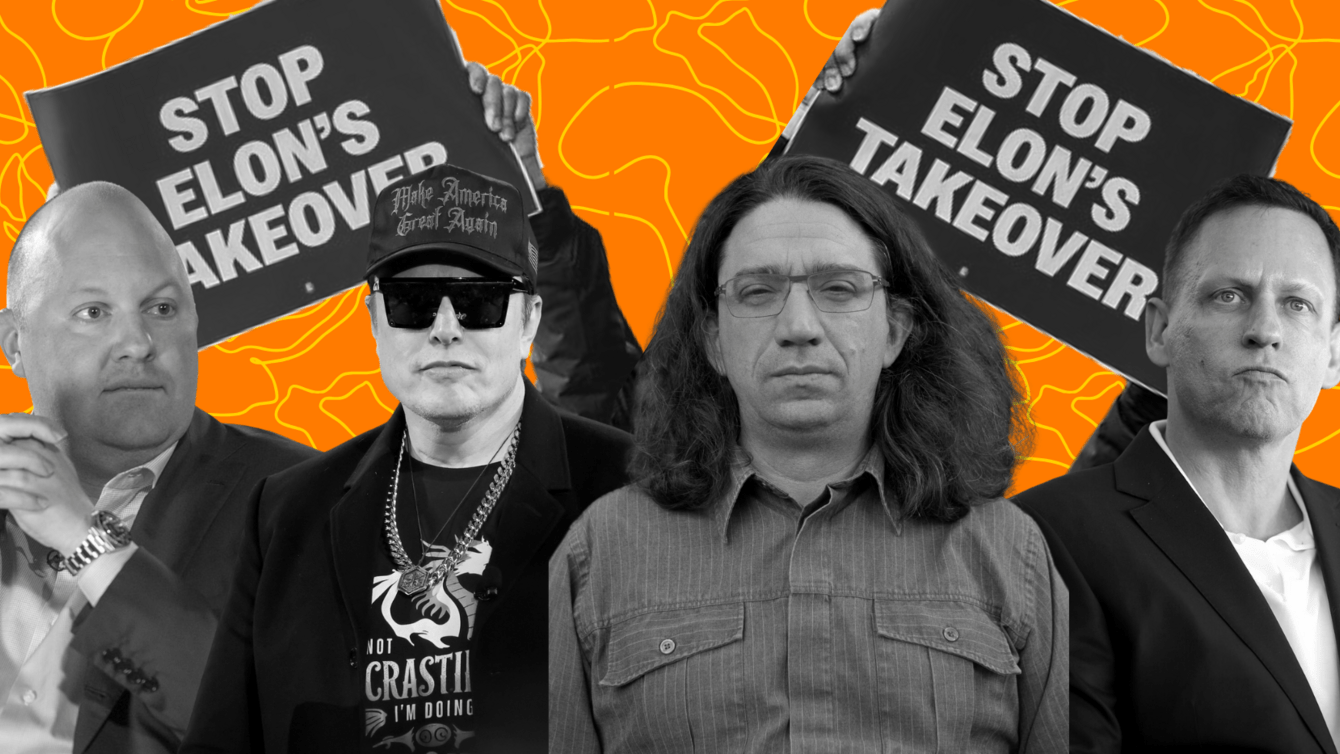 Orange and black and white collage of people in the neoreactionary movement