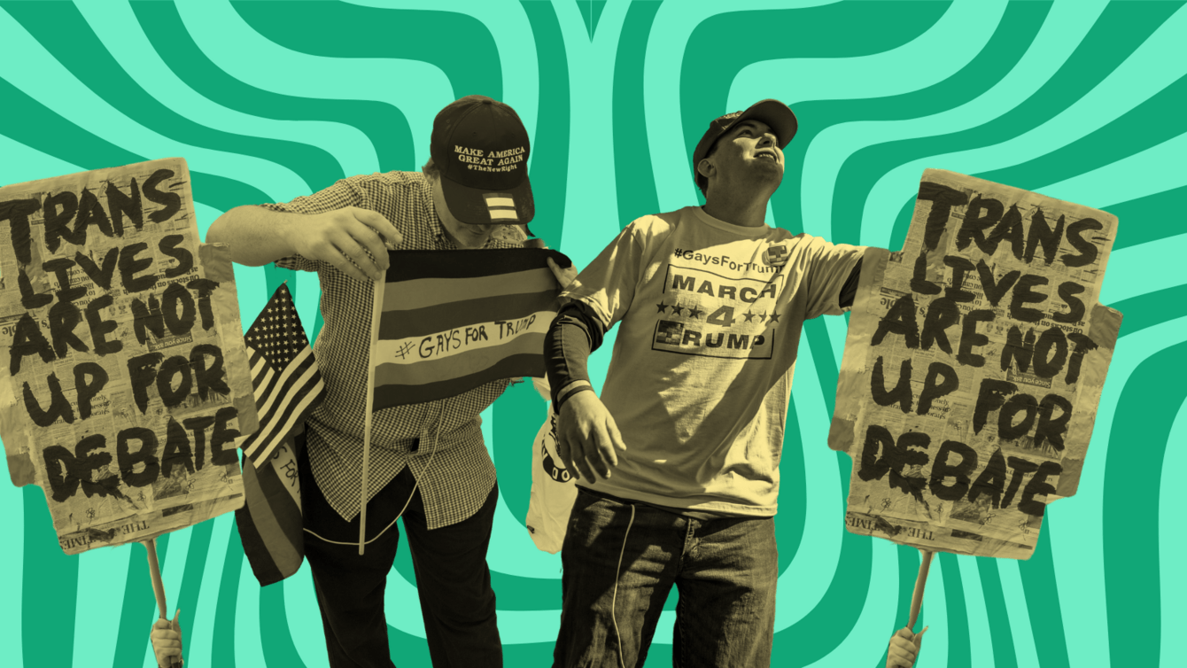 A green background with a yellow and black foreground of people and protest signs