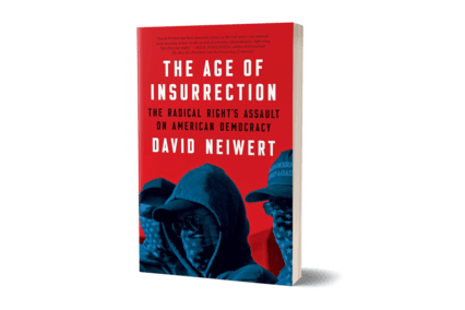 A red background of a book cover with men with American flag masks and hats in blue. The Age of Insurrection Cover.