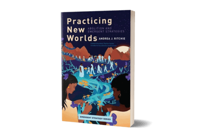 an illustrated cover for Practicing New Worlds