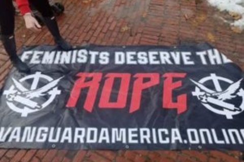 Vanguard America banner removed from State House lawn by Women’s March 2.0 participants in Providence, RI