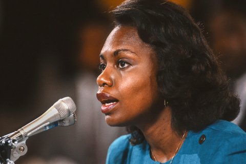 Anita Hill testifies before Congress, during Clarence Thomas confirmation hearings for Supreme Court, October 11, 1991. 