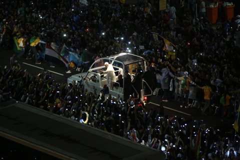 Pope Francis arrives at Copacabana beach for a welcoming ceremony for World Youth Day 2013 in Rio de Janeiro, Brazil.