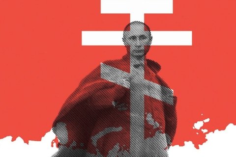 Putin stands in front of the Eastern Orthodox cross and the geographical outline of Russia.