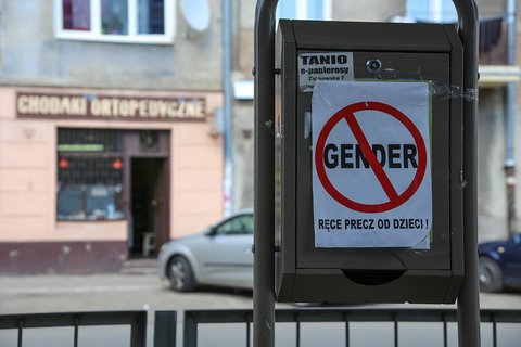 "Stop Gender Ideology" sign on bus stop in Polish