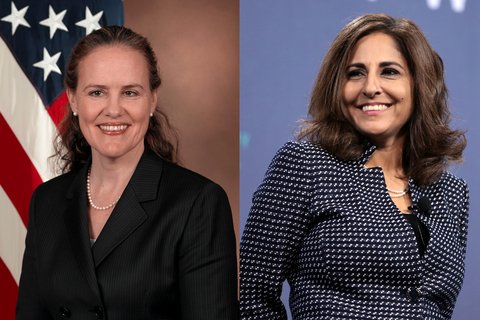 A collage of Pete Buttigieg, Avril Haines, and Michele Flournoy 