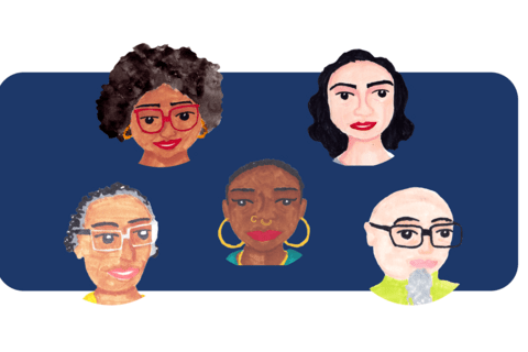 Drawings of people's faces on a blue background