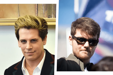 A split image of Milo Yiannopoulos and Nick Fuentes