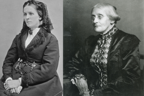 Two black and white pictures of women in black dresses.