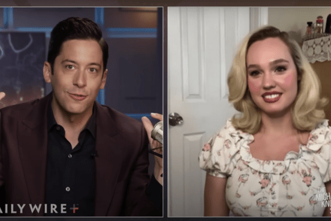 a split screen with a man on one side and a white woman with blonde hair on the other side.