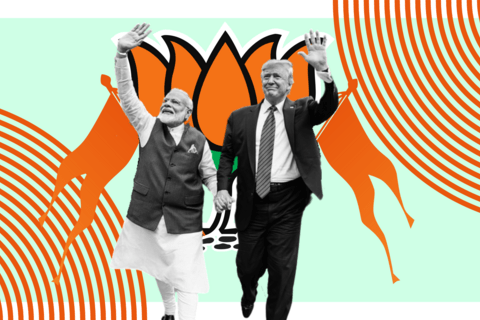 a cut out of Modi and Trump with orange flags and the BJP logo behind.