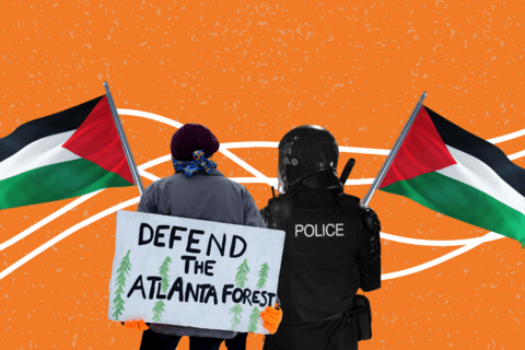 a person holding a sign that says "Defend the Atlanta Forest", a policeman and two Palestinian flags