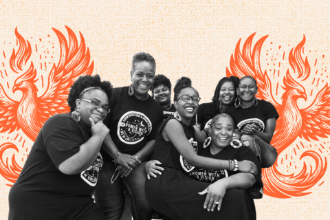 A collage of a group of people hugging each other in front of a background with two phoenixes.