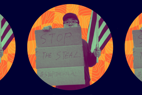 A protestor holds an American flag and a sign reading "Stop the Steal"