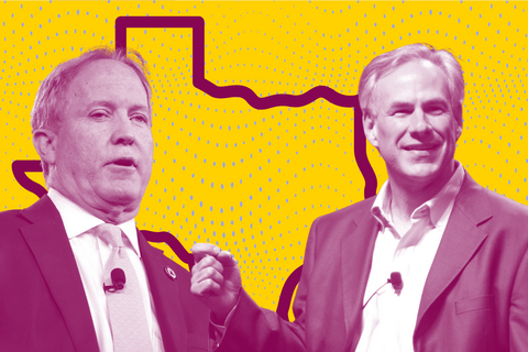 Ken Paxton and Greg Abott on a yellow background with a dotted pattern on it.