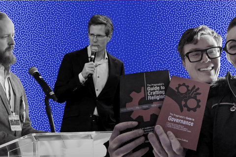 A blue and light purple background with cut outs of four people in the foreground