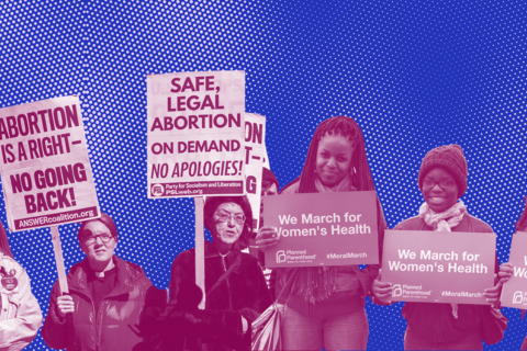 a collage of protestors holding signs in favor of abortion.