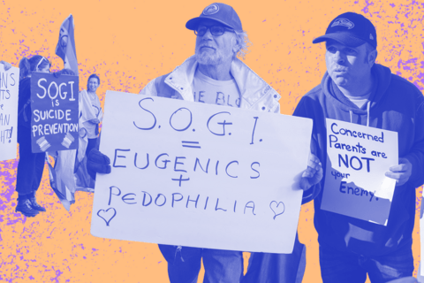 A yellow and purple background with cut outs of protestors.