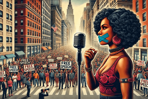 an illustration of a woman with an afro talking into a mic with protestors behind her.