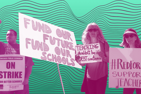 collage of protestors holding signs in support of public education in front of a green background