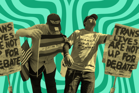 A green background with a yellow and black foreground of people and protest signs