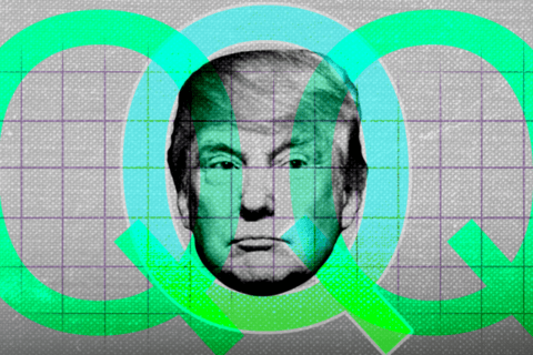 a checkered background with green Qs and Donald Trump's head on it.