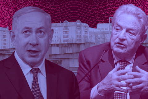 Collage of a background of a Holocaust memorial, with cut outs of Benajmin Netanyahu and George Soros in the foreground