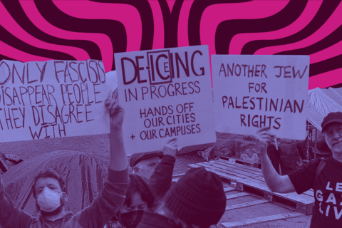 A collage with the background of a campus encampment, and protests against the dissapearing of Palestinian students.