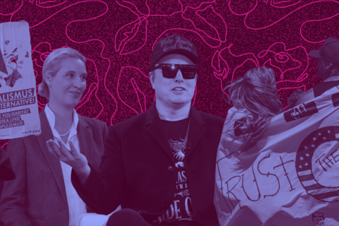 A collage of a protest against AfD, Elon Musk, A QAnon flag and Alice Weidel